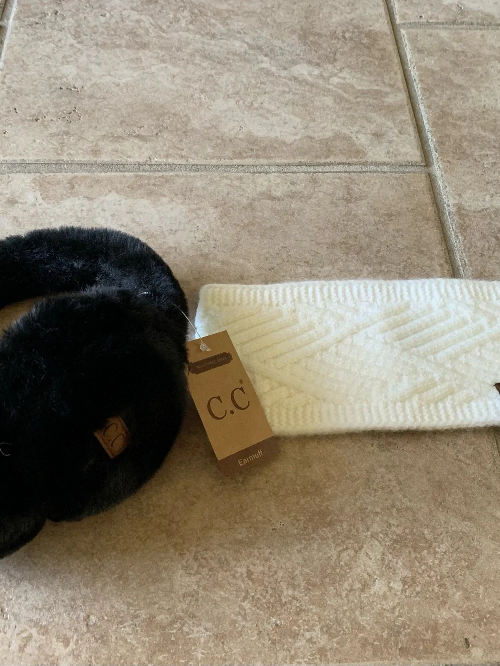 C.C Black Faux Fur Earmuffs with Cream Knit Headband